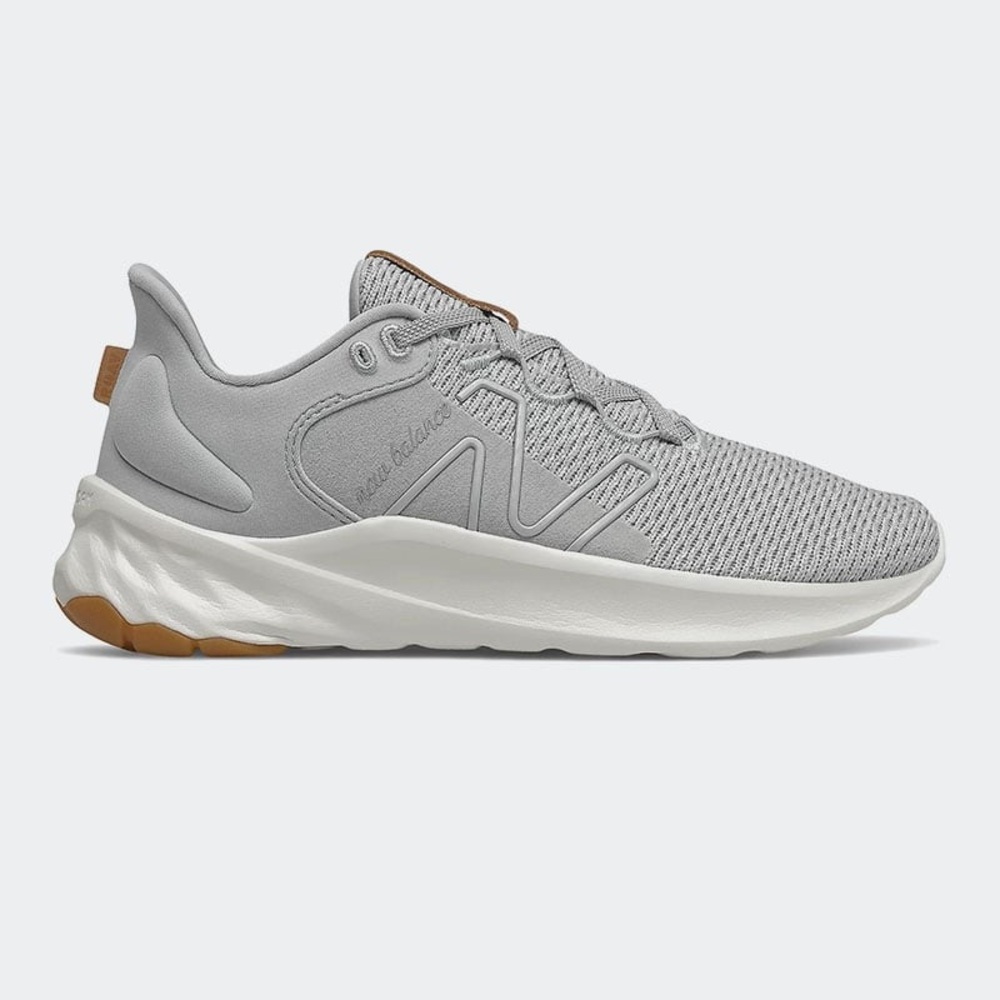 New Balance Light Gray and White Athletic Sneakers with Brown Accents